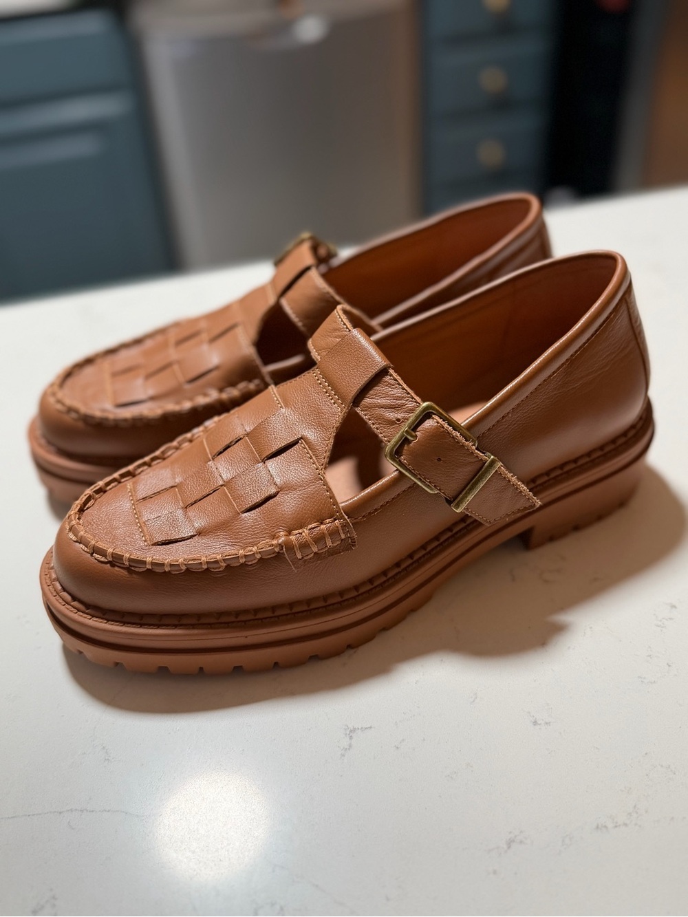Chelsea & Violet brown leather woven T-strap lug sole loafers, size 7.5M